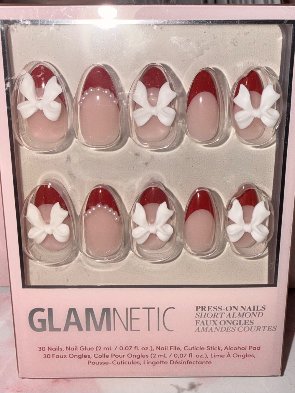 Glamnetic “Ruby Ribbon” Red & Nude Press-On Almond Nails with 3D White Flowers